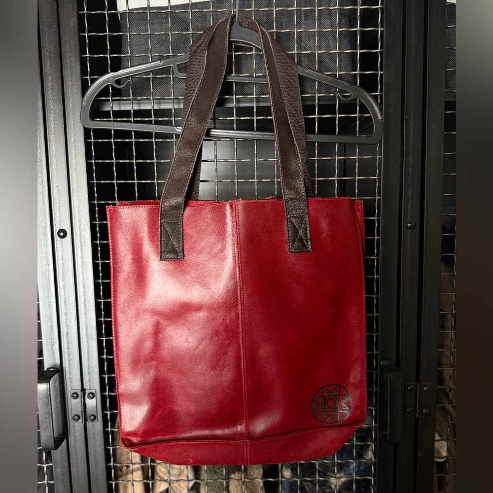 Red Leather Tote Bag with Brown Leather Handles